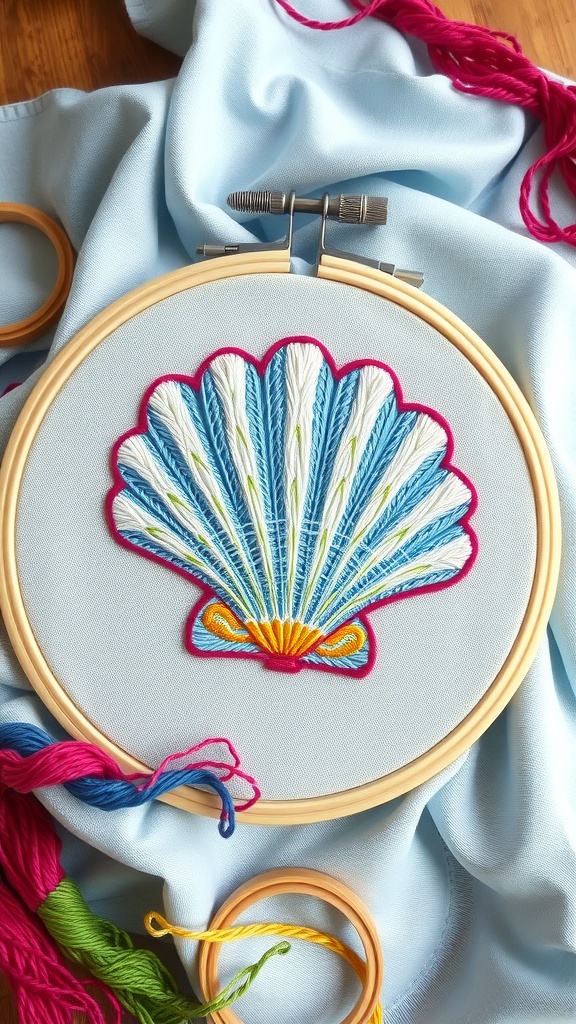 Embroidered clam shell on blue fabric within an embroidery hoop, surrounded by colorful floss.